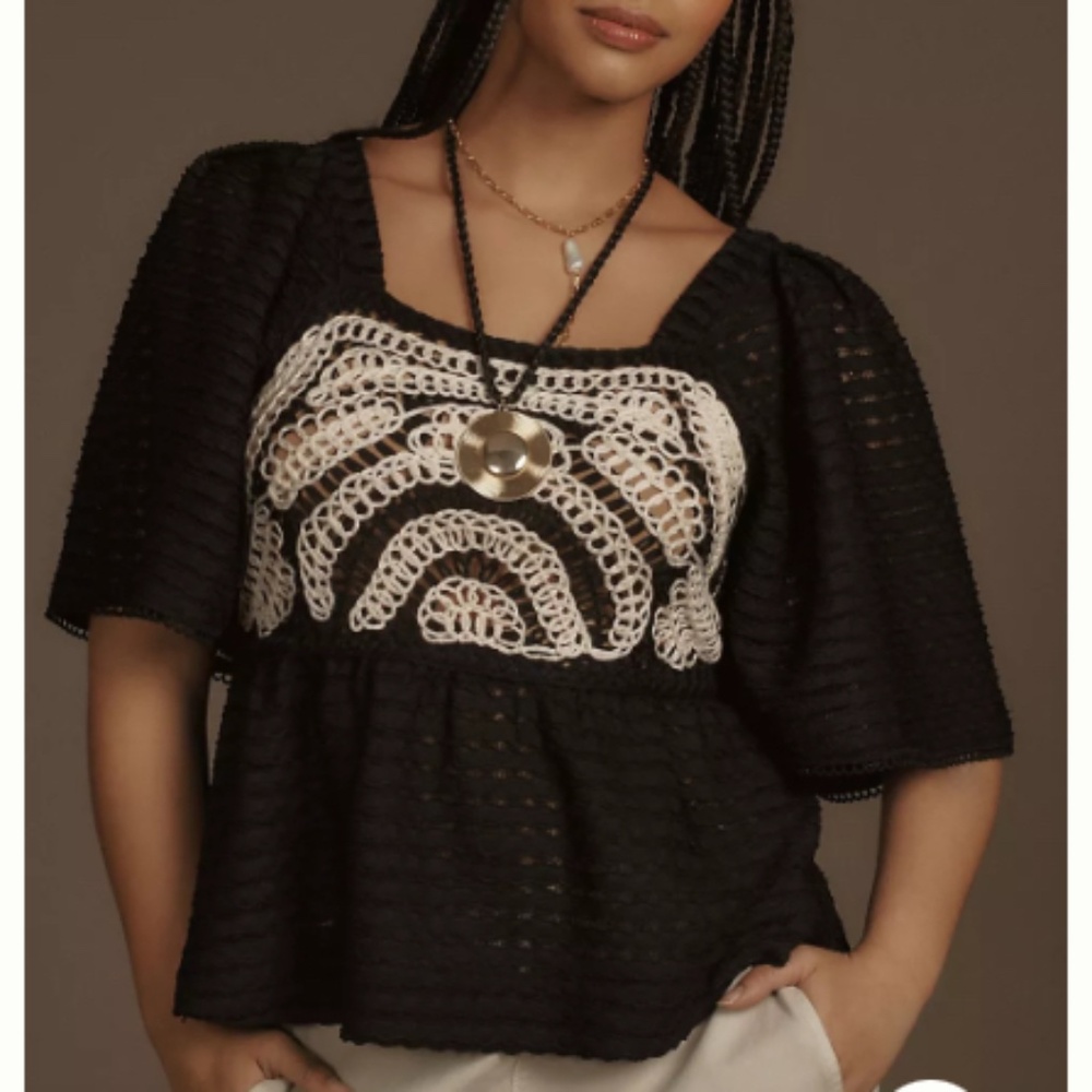 NWT ANTHROPOLOGIE Sarah Hann Flutter-Sleeve Crochet Tunic Top SIZE SMALL